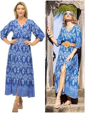 NEW Walker & Wade Kelsey Maxi Dress Marine Blue Ikat Gingham NWT   .  Sk18